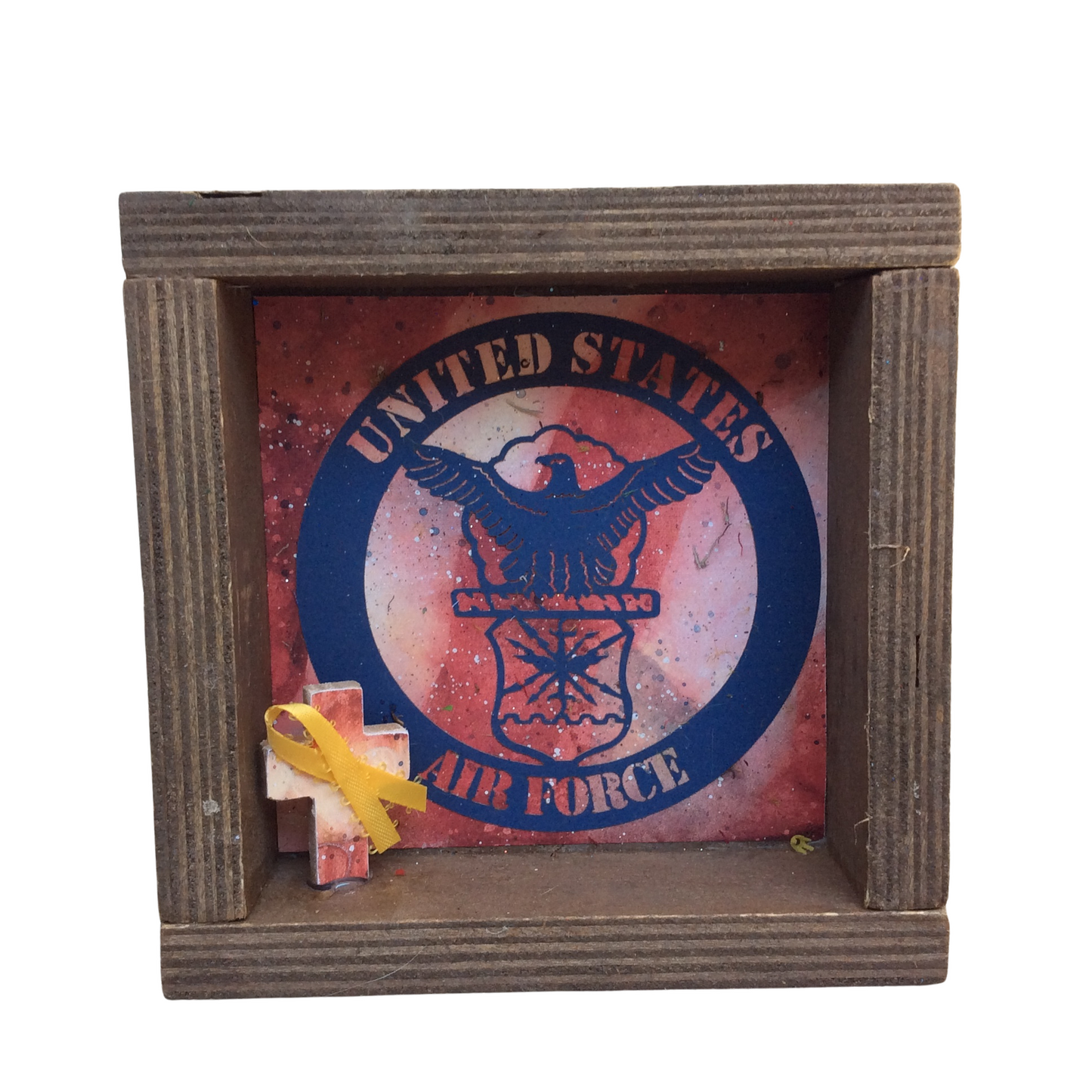 AGD Patriotic Decor - Air Force Emblem Yellow Ribbon Slat Box Sign
