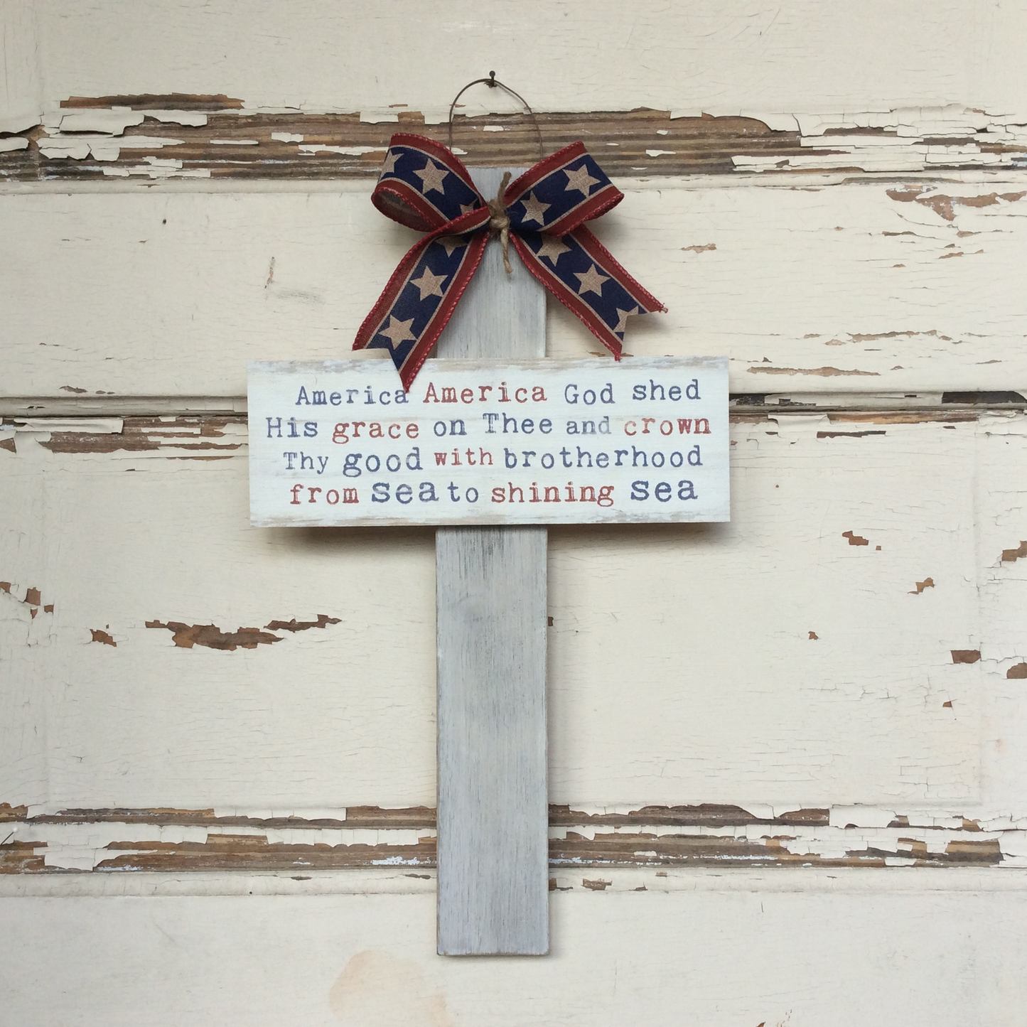 AGD Patriotic Decor -  God Shed His Grace Whitewash Wood Cross