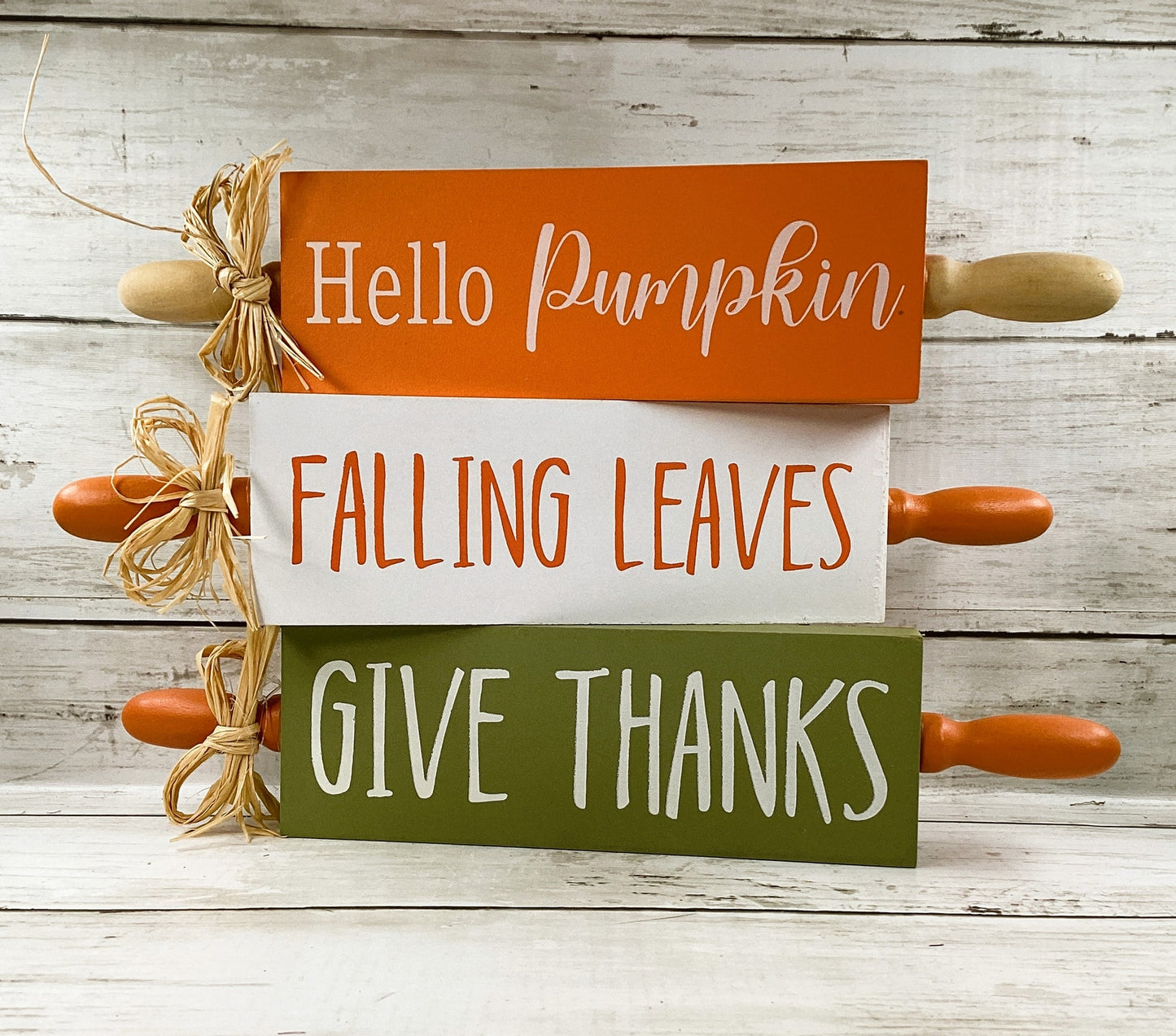 AGD Fall Decor - Falling Leaves Hello Pumpkin Wood Rolling Pin Signs 3pc