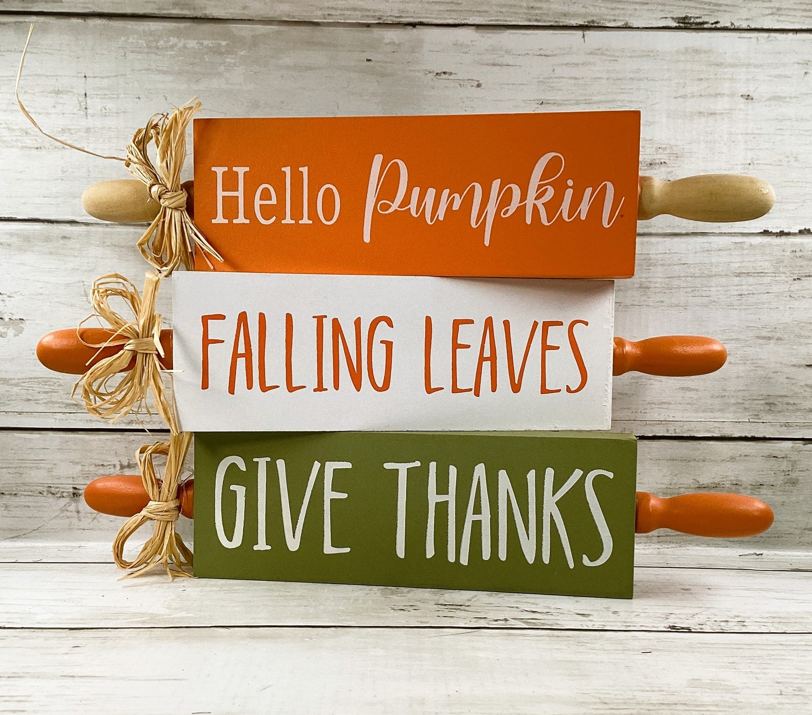 AGD Fall Decor - Falling Leaves Hello Pumpkin Wood Rolling Pin Signs 3pc
