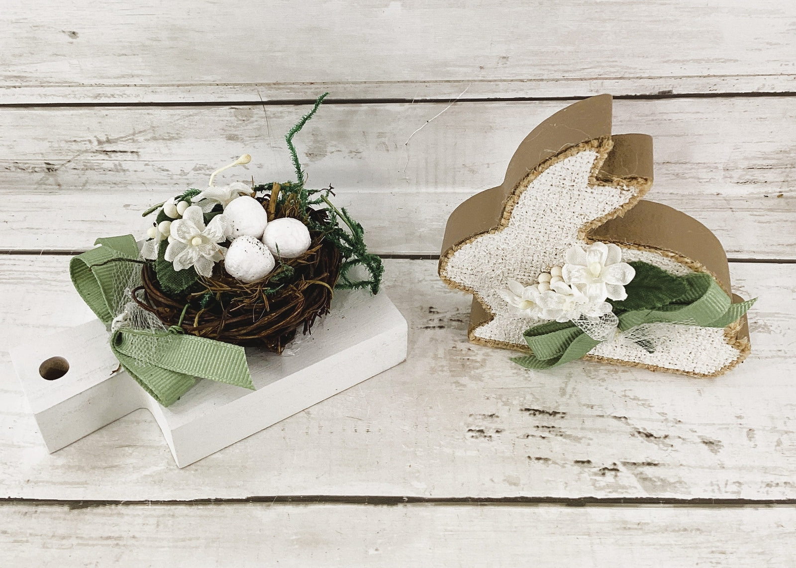 AGD Easter Decor -White Bunny Rabbit & Bird Eggs Nest 2pc Set