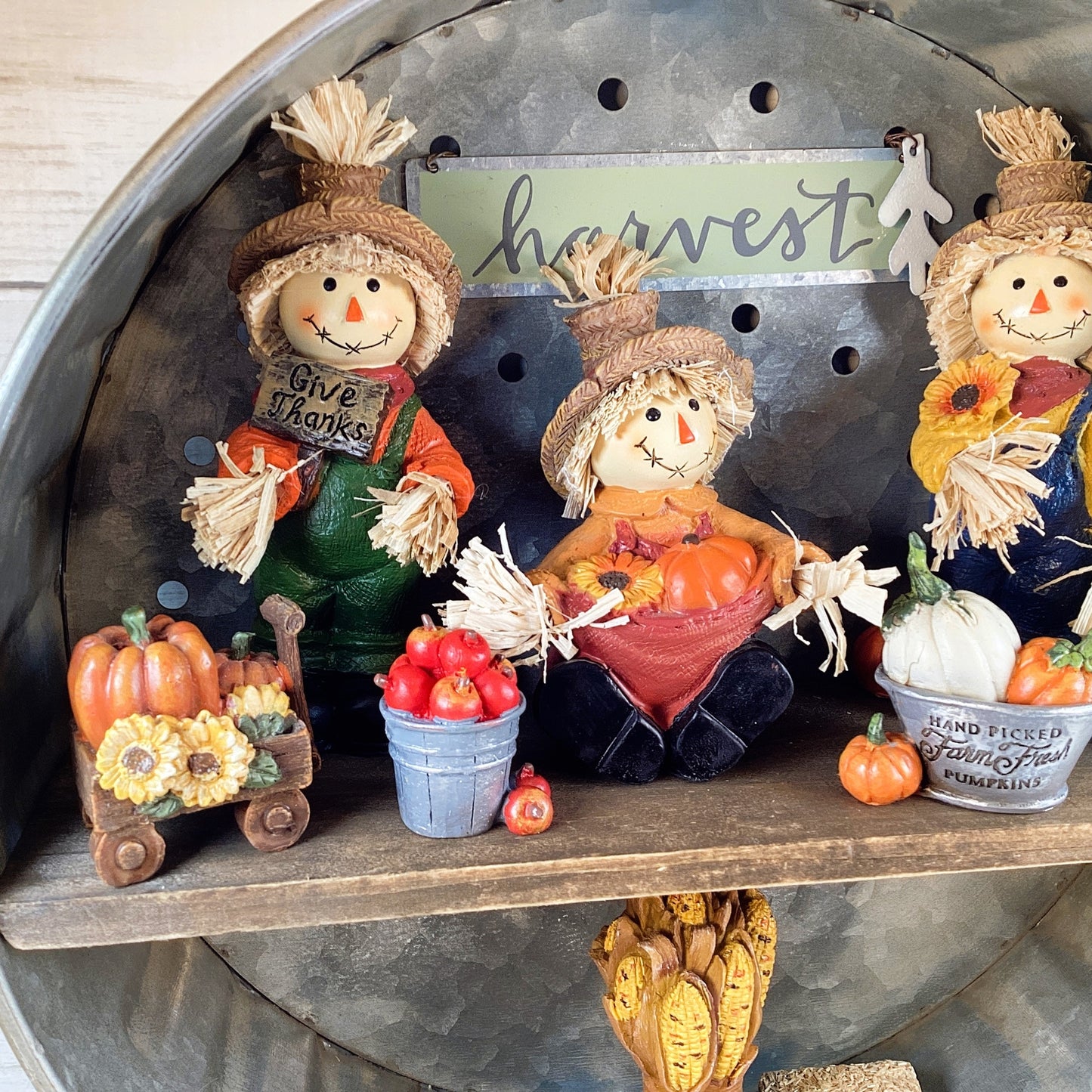 AGD Fall Decor - Resin Scarecrows Village Scene Metal Wall Shelf