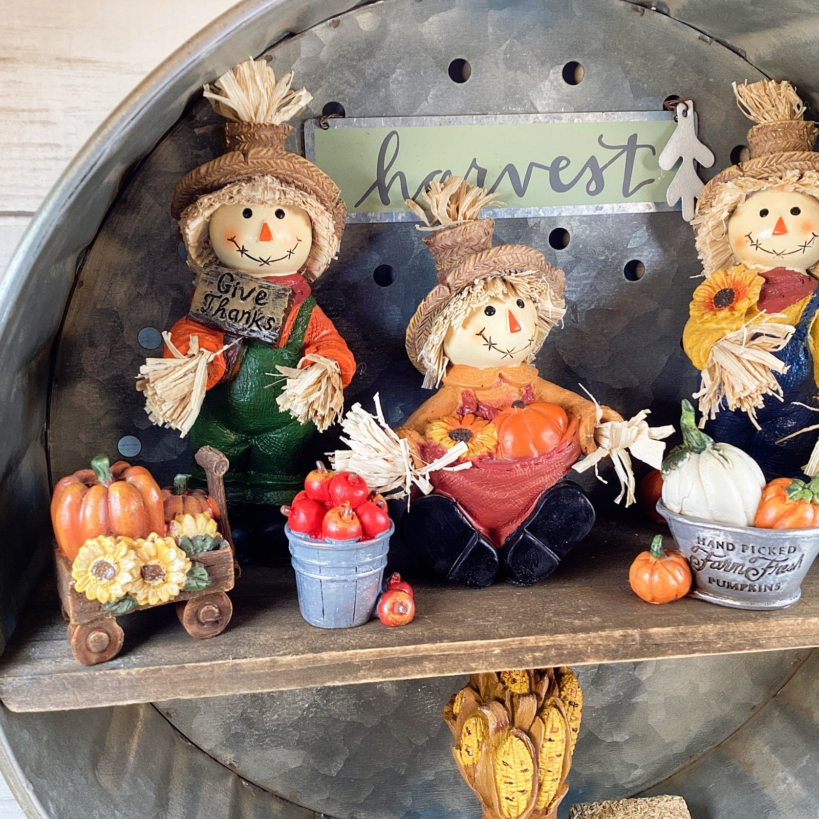 AGD Fall Decor - Resin Scarecrows Village Scene Metal Wall Shelf