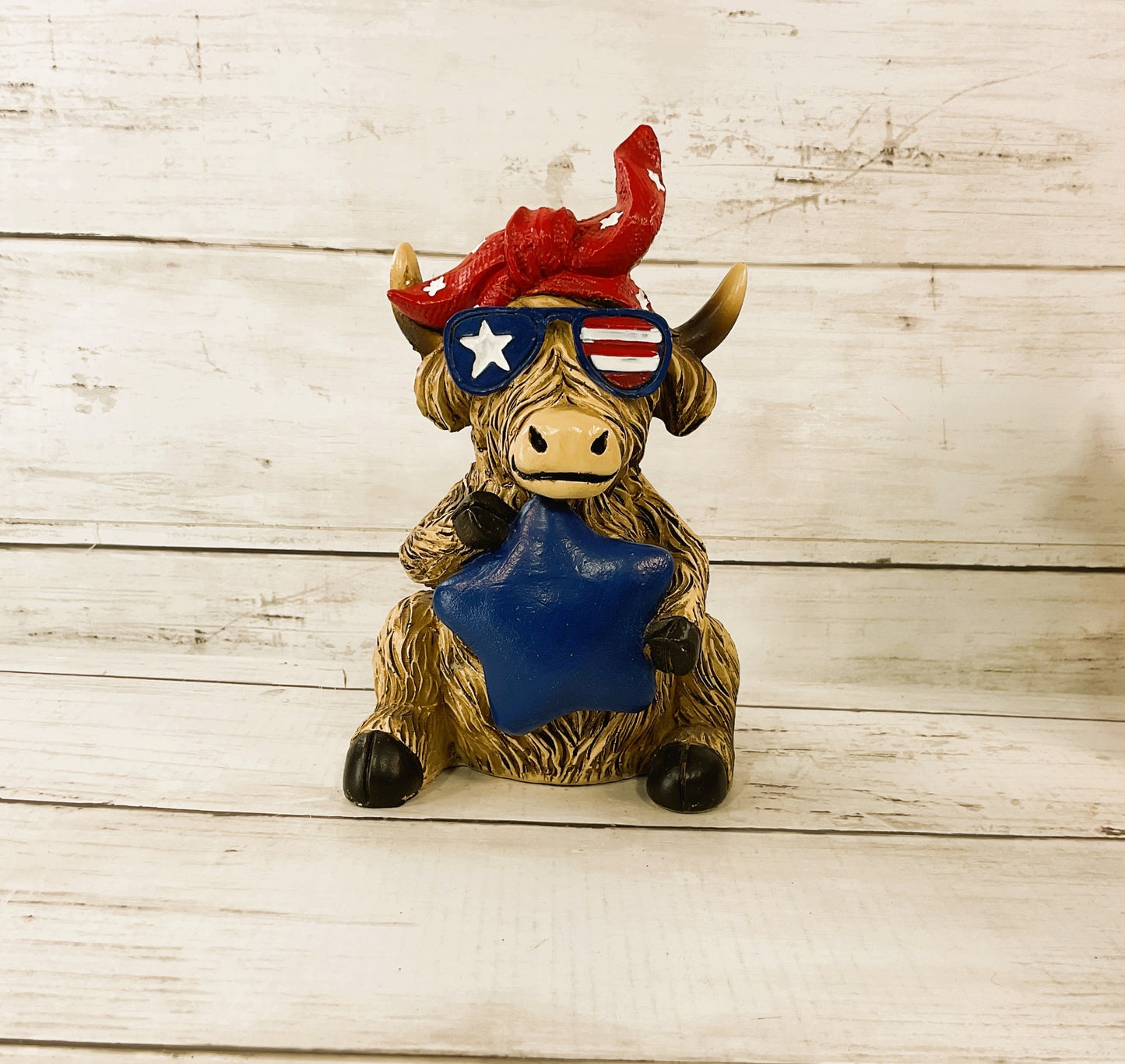 Patriotic Decor - July 4th Resin Highland Cow Lg Figurines 3pc Bonus Sign