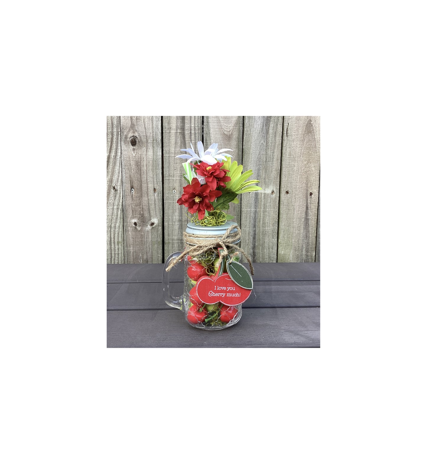 AGD Summer Decor - Faux Cherry Theme Mason Jar Glass Daisy Decor