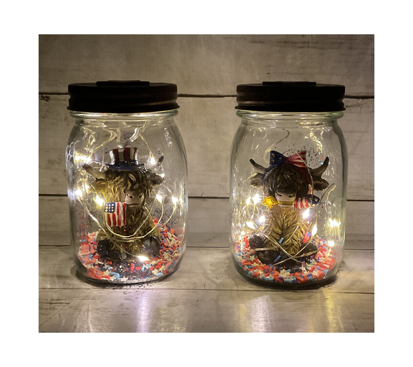 AGD Patriotic Decor - July 4th Highland Cow Lighted Mason Jars 2pc