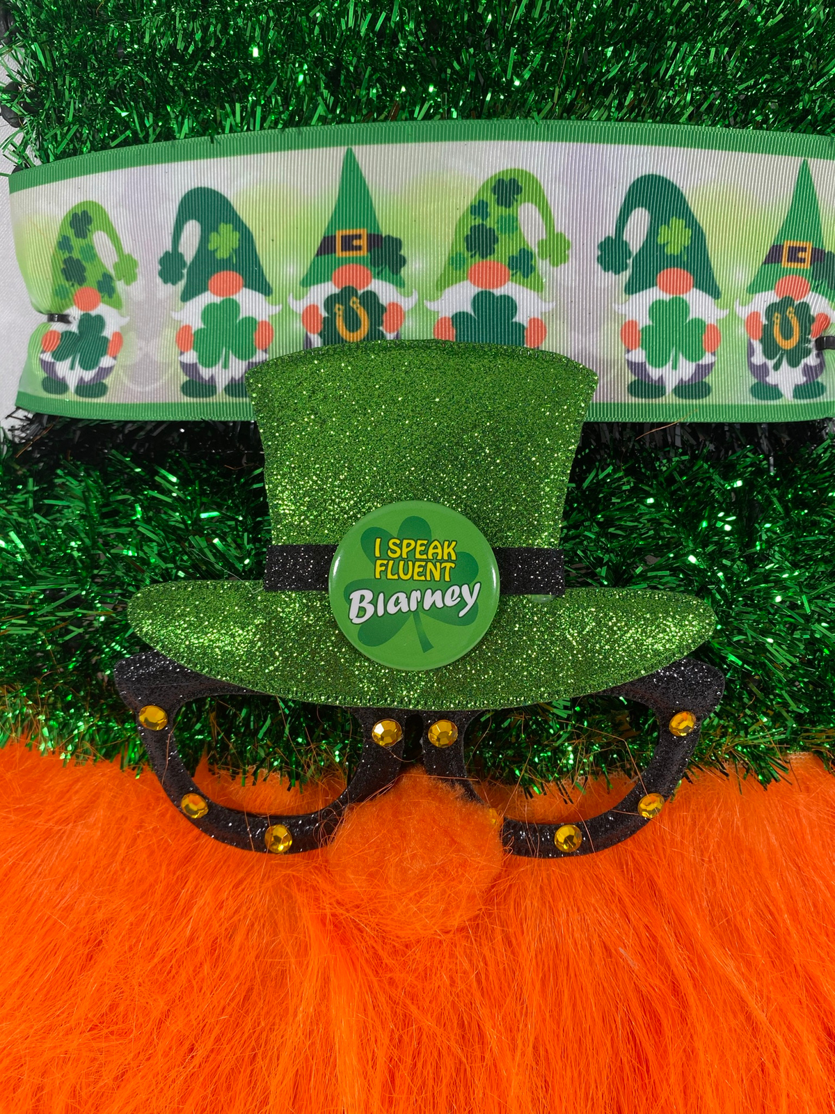 AGD St Patrick Decor - Large Tinsel Leprechaun Bearded Gnome Wreath