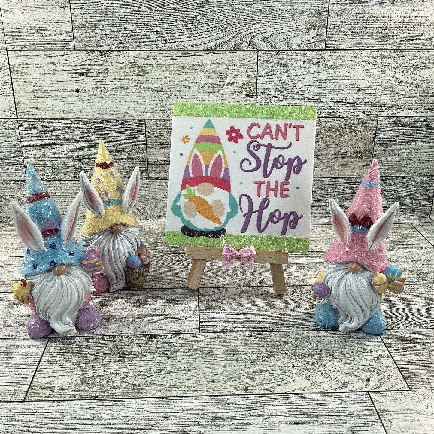 AGD Easter Decor - Resin Gnome Glitter Bunny Rabbit Tier Tray 4pc Set (D)