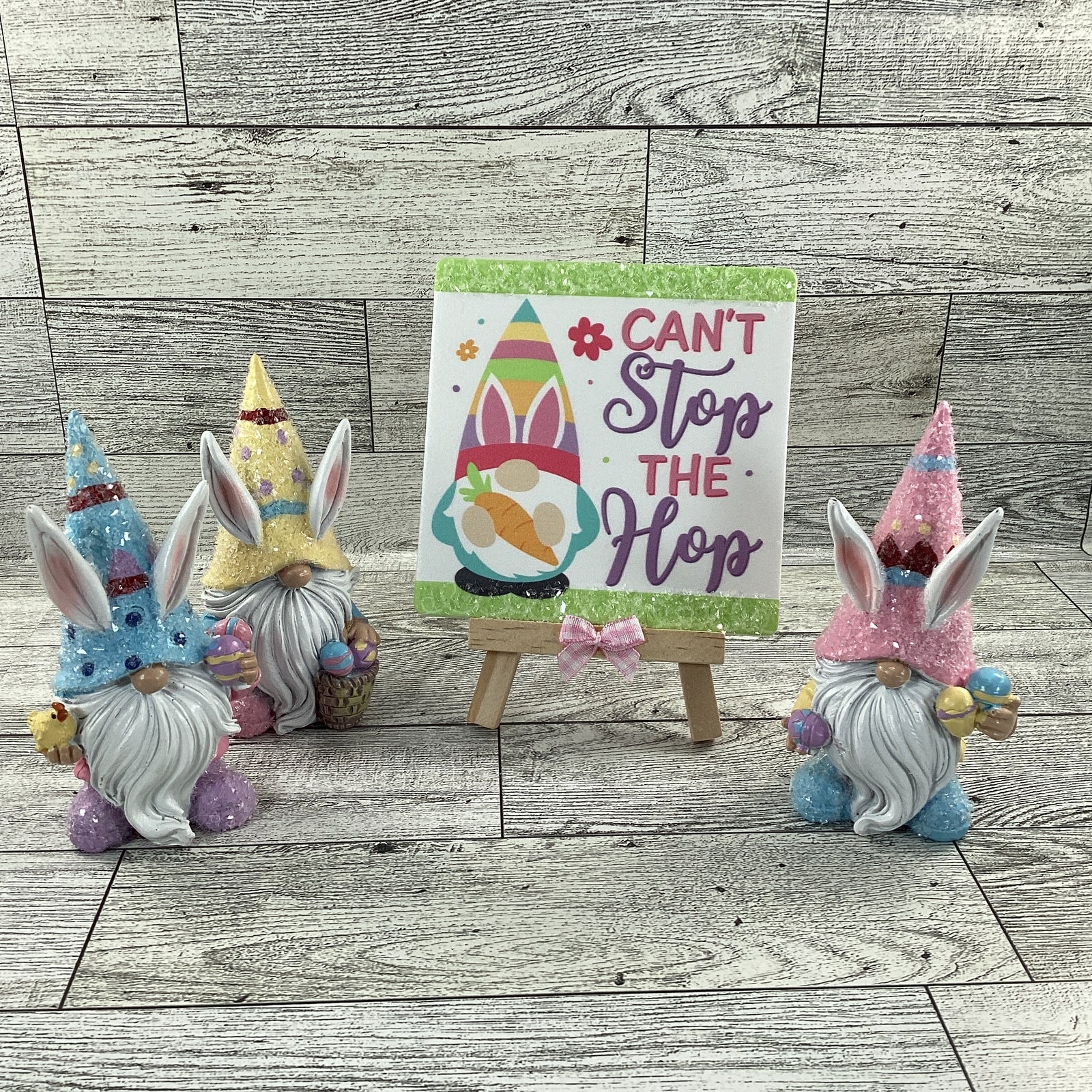 AGD Easter Decor - Resin Gnome Glitter Bunny Rabbit Tier Tray 4pc Set (D)