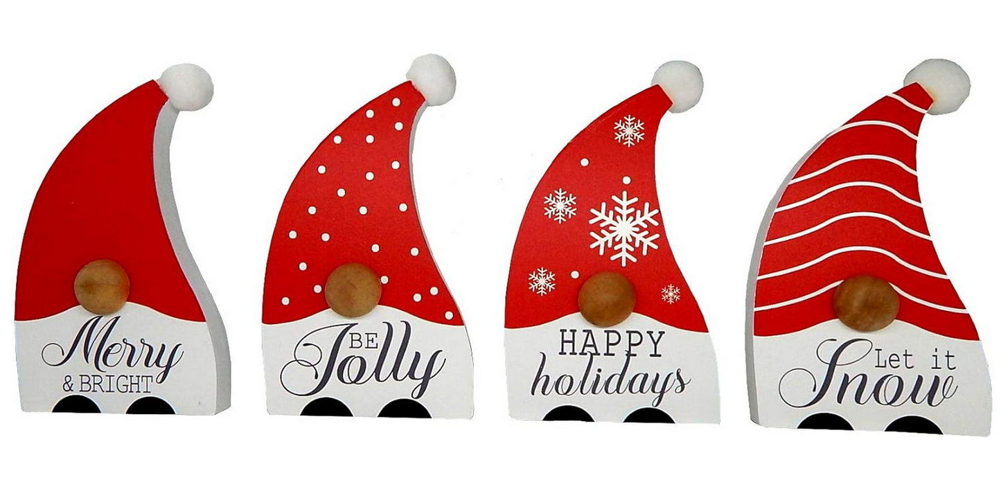 Youngs Christmas Decor -Holiday Themed Chunky Wood Gnomes 4pc Set