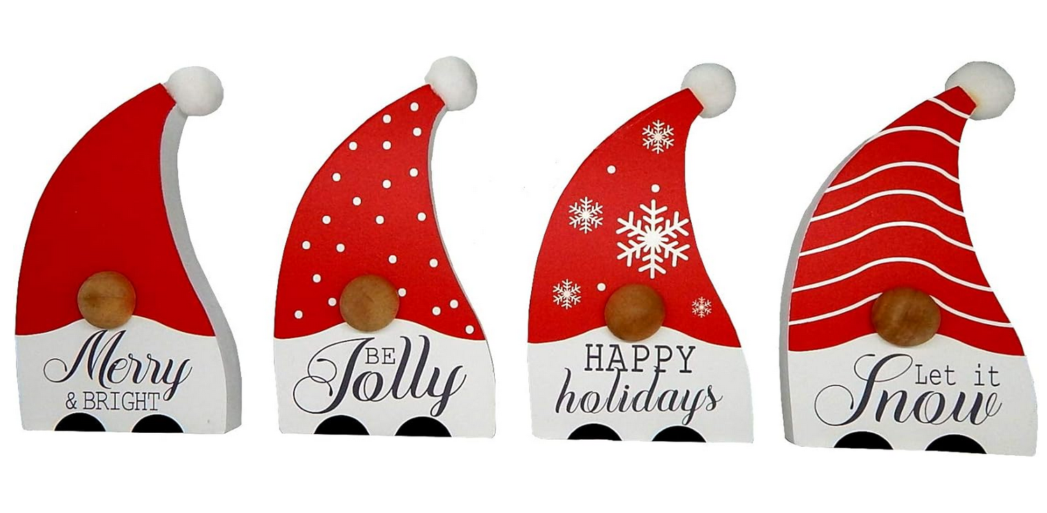 Youngs Christmas Decor -Holiday Themed Chunky Wood Gnomes 4pc Set