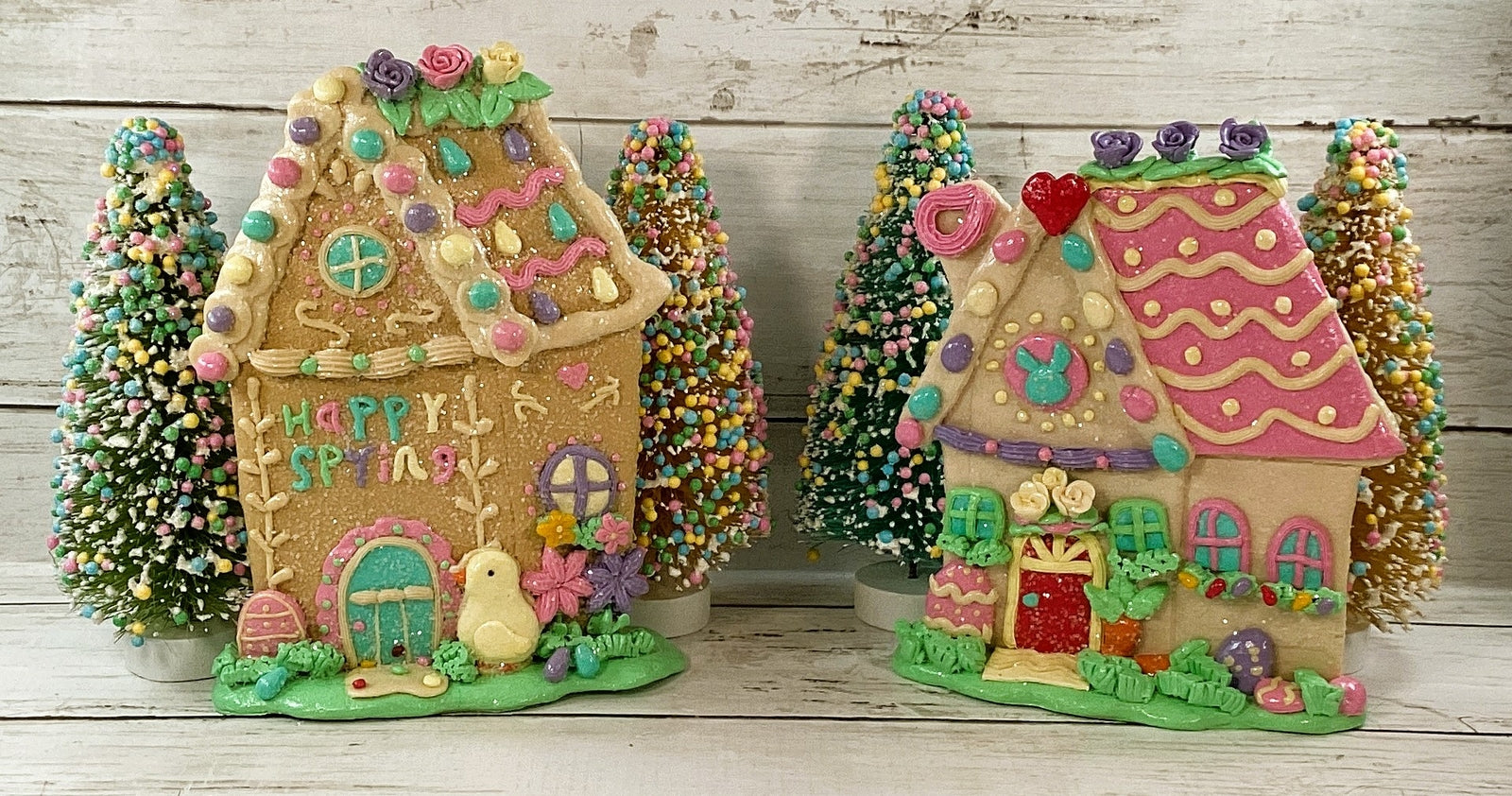 AGD Easter Spring Decor - Claydough Houses Candy Sisal Bottlebrush Trees