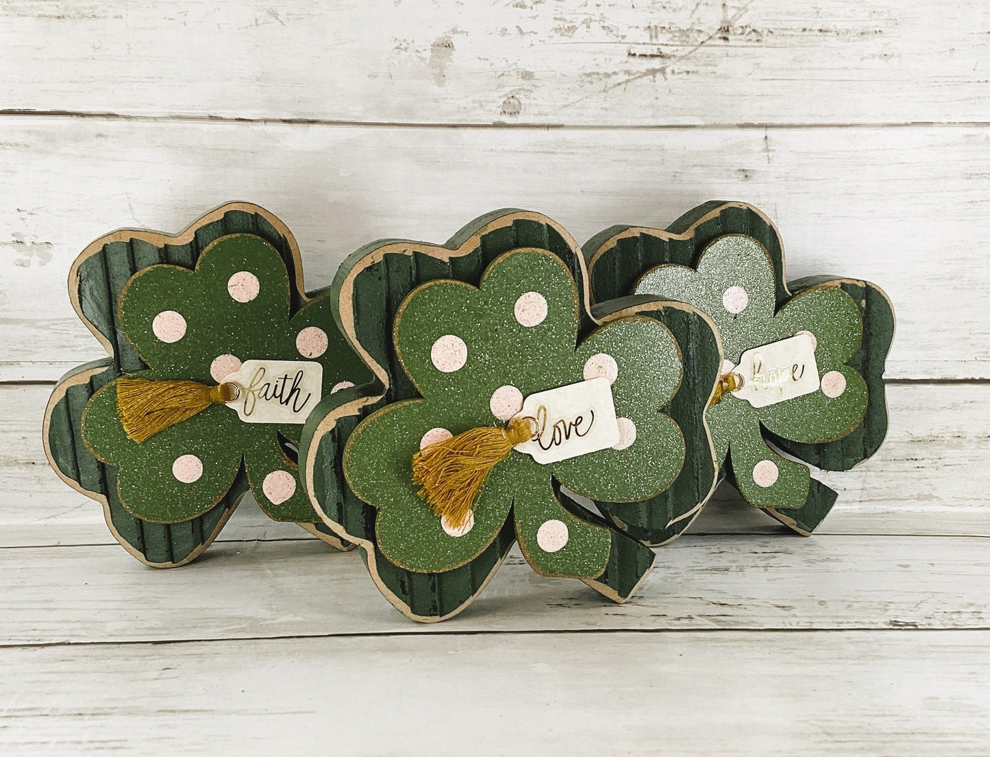 AGD St Patricks Decor - Faith Hope Love Wood Shamrock 3pc Set