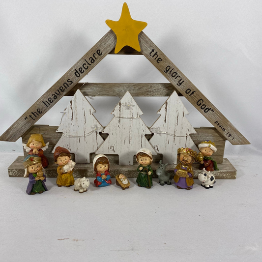 AGD Christmas Decor - Resin Children Nativity Lighted  Stable Wood Manger Set
