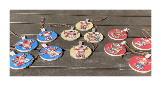 AGD  Patriotic Decor - July 4th Highland Cow Tag Ornaments 12pc Set