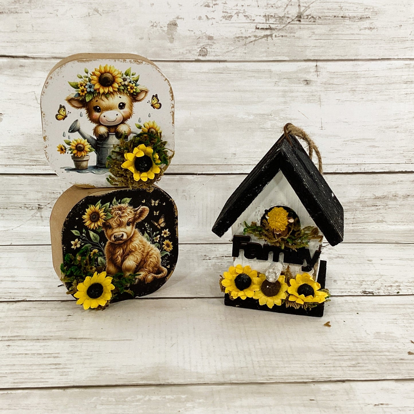 AGD Spring Decor - Sunflower Bird House Highland Cow Tier Tray 3pc