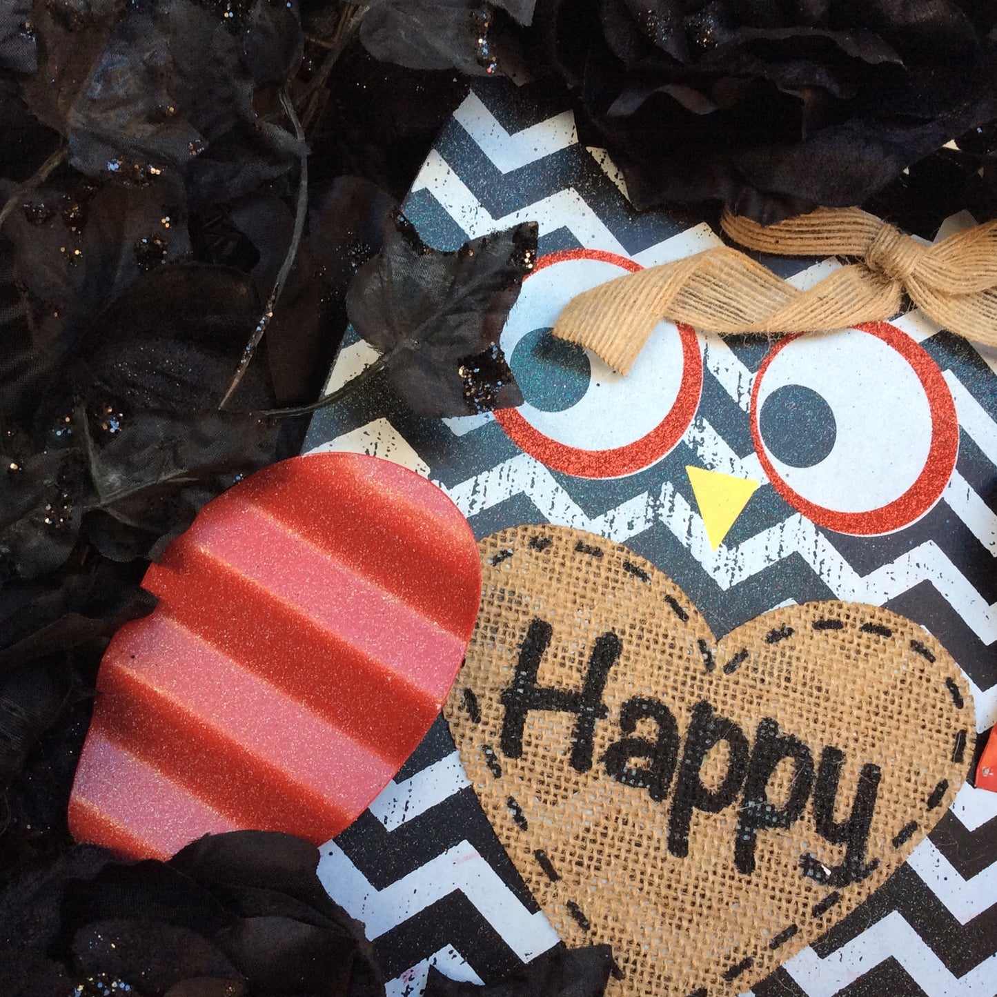 AGD Valentines Decor - Black Glitter Rose Owl Wreath 20inch