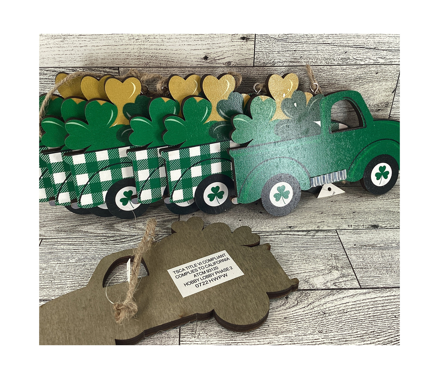 HL St Patrick's Craft Supplies - Wood Shamrock Truck Ornament 7pc Set
