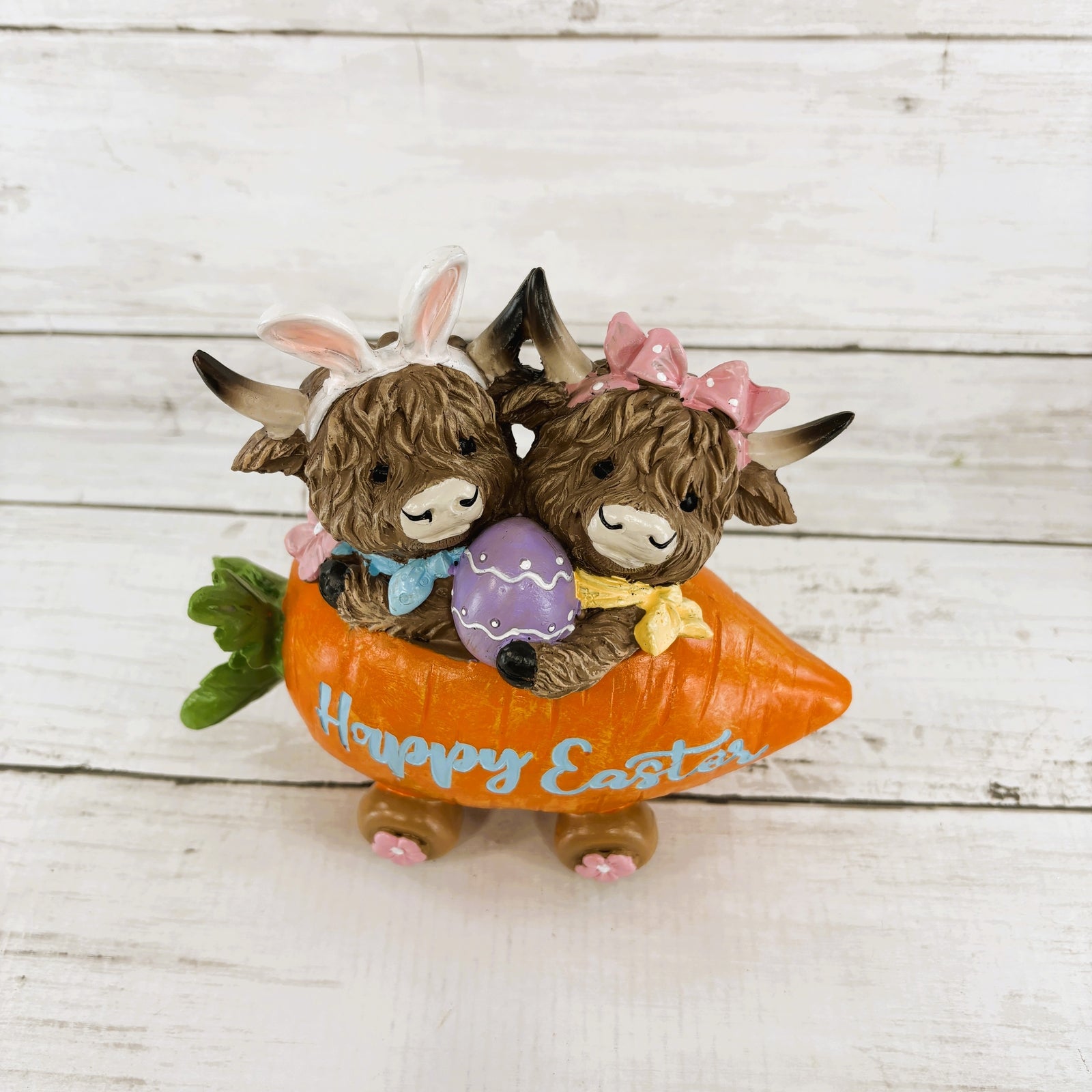 Gerson Easter Decor - Resin Highland Cows in Carrot Car Cart Figurine