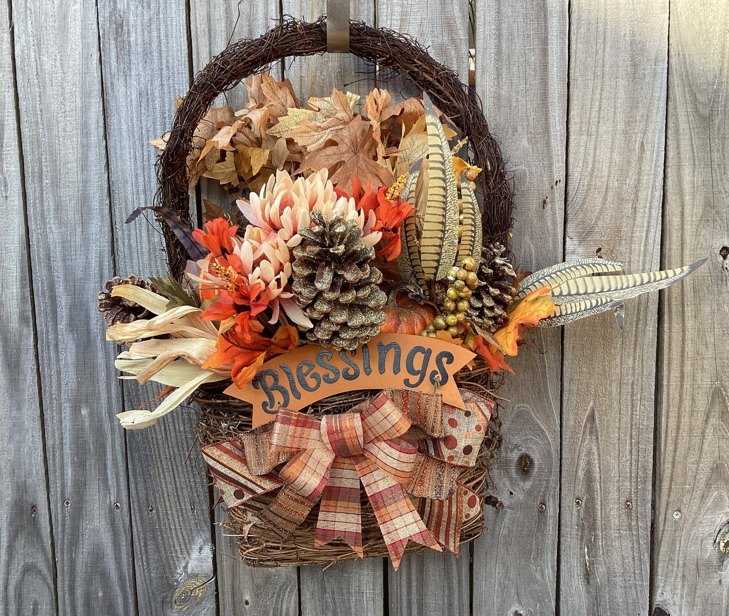 AGD Fall Decor - Large Blessings Grapevine Basket Harvest Floral Wreath