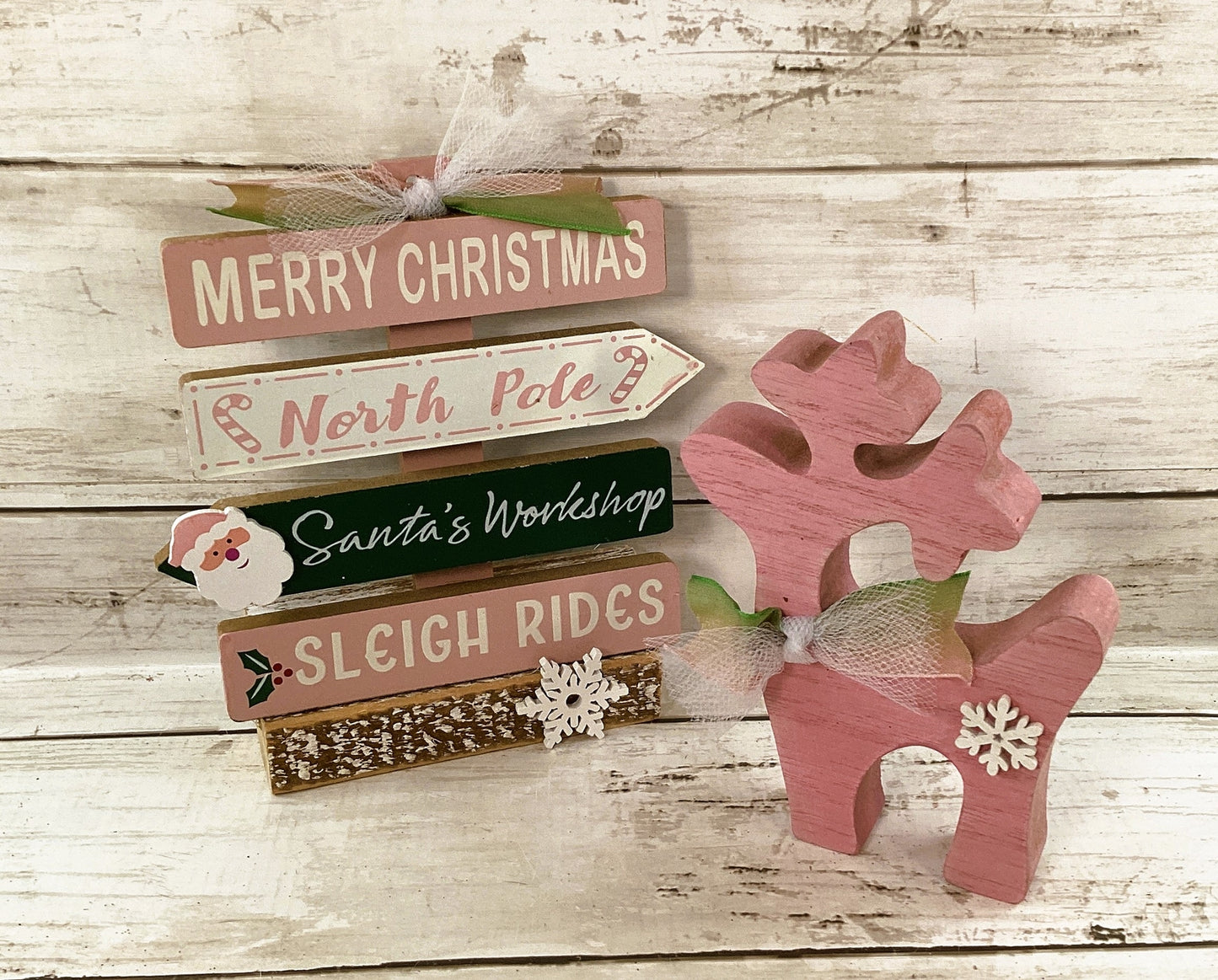 AGD Christmas Decor - Retro Pink Green Reindeer Directional Sign 2pc