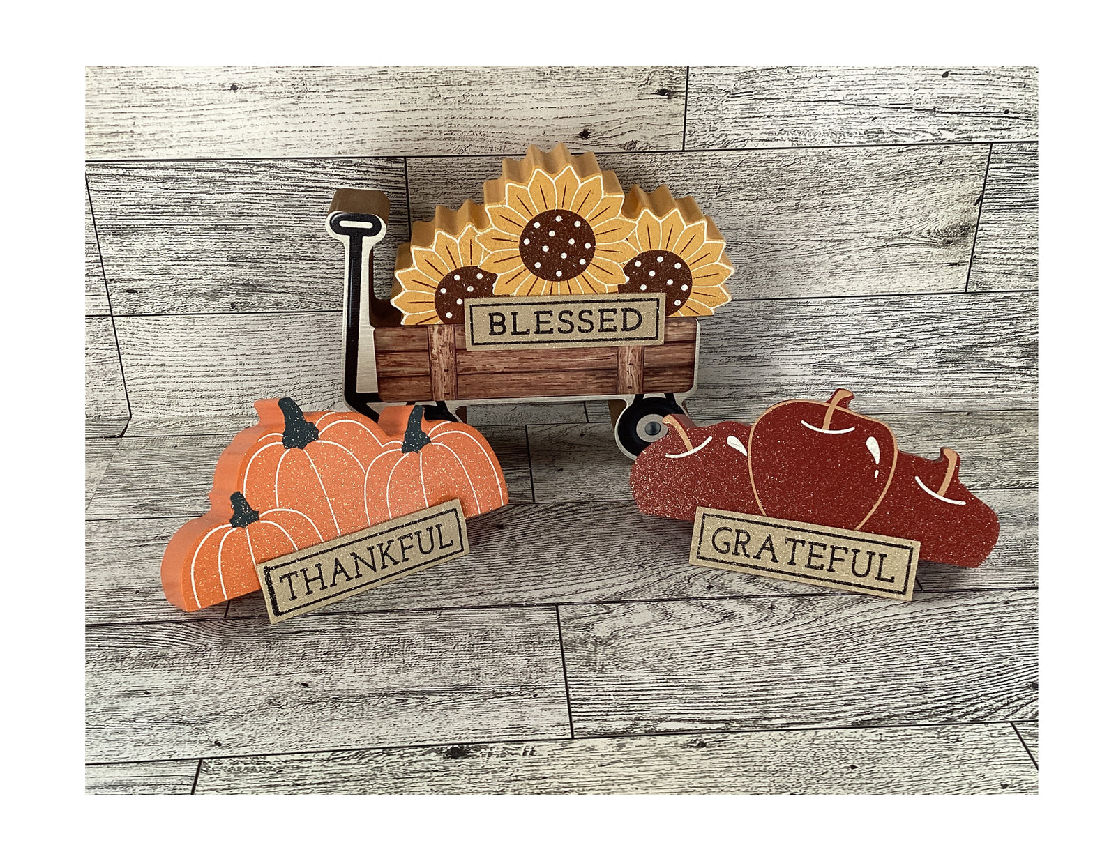 AGD Fall Decor - Chunky Wood Wagon Apple Sunflower Pumpkin Tier Tray