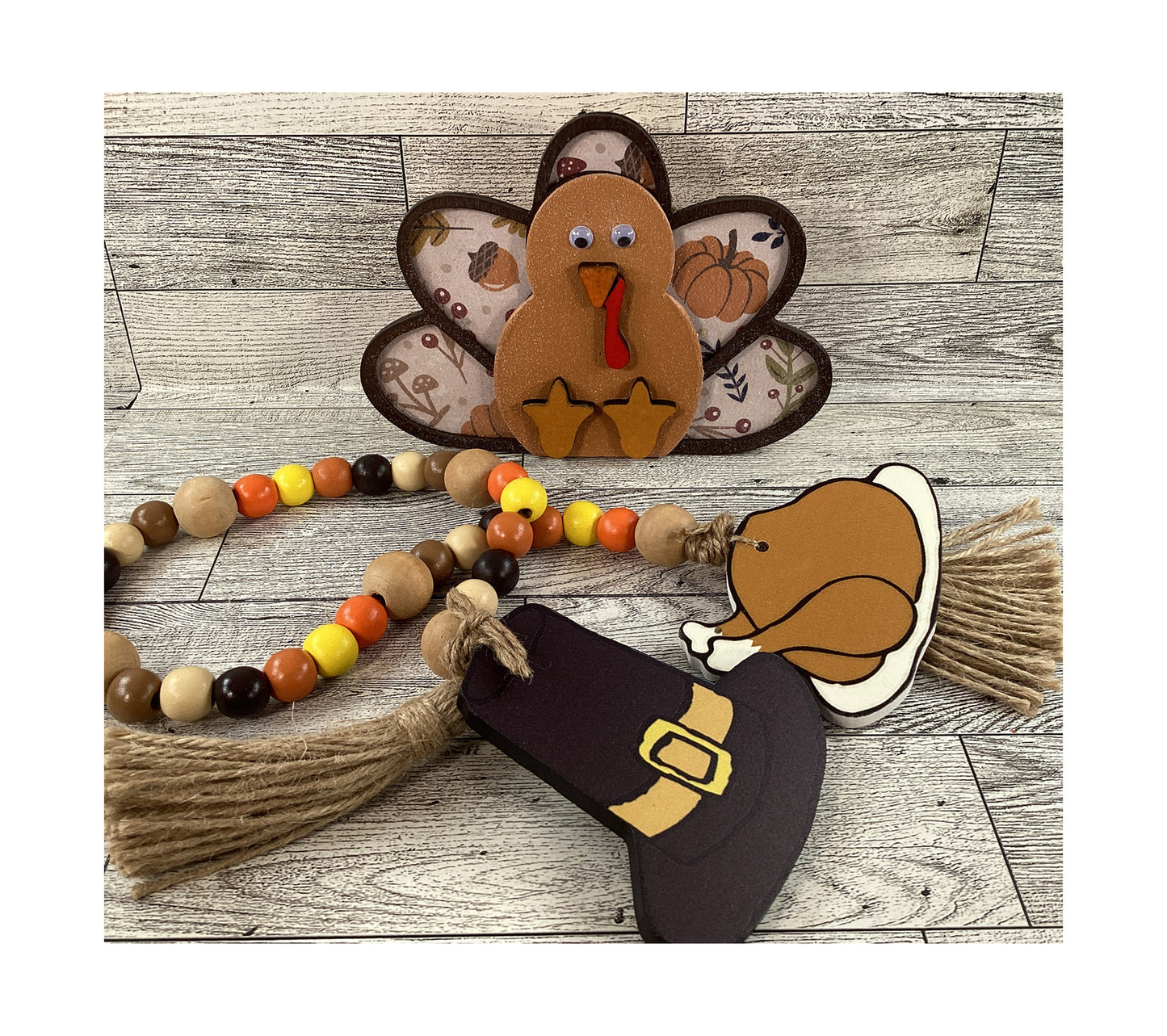 AGD Fall Decor - Wood Turkey Gobble Fat Pants Gravy Pilgrim Garland Tier Tray