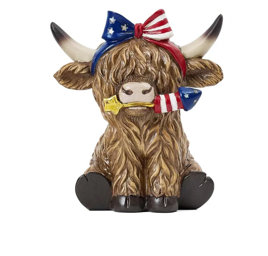 VM Patriotic Decor - July 4th Resin Highland Cow SMALL Couple 2pc