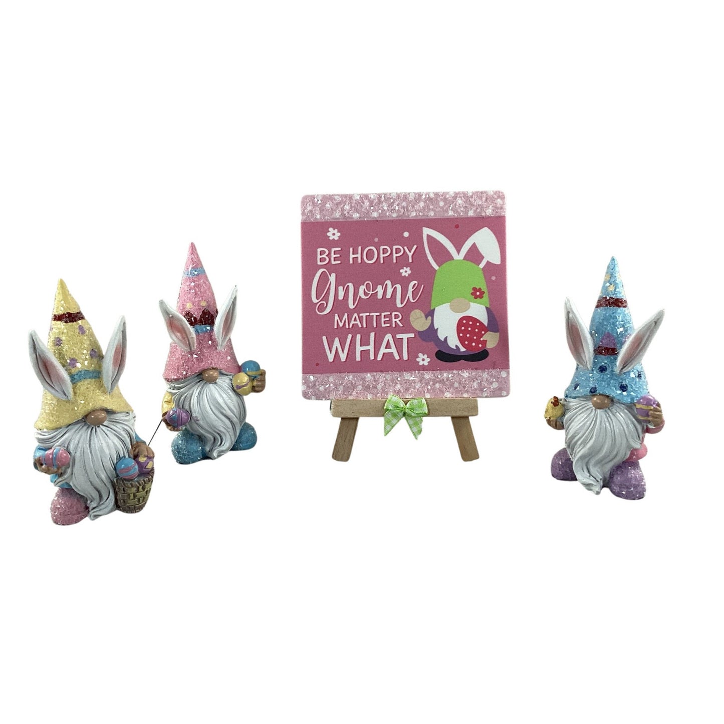 AGD Easter Decor - Resin Gnome Glitter Bunny Rabbit Tier Tray 4pc Set