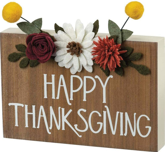 Fall Decor - Happy Thanksgiving Wood Felt Flower Block Sign