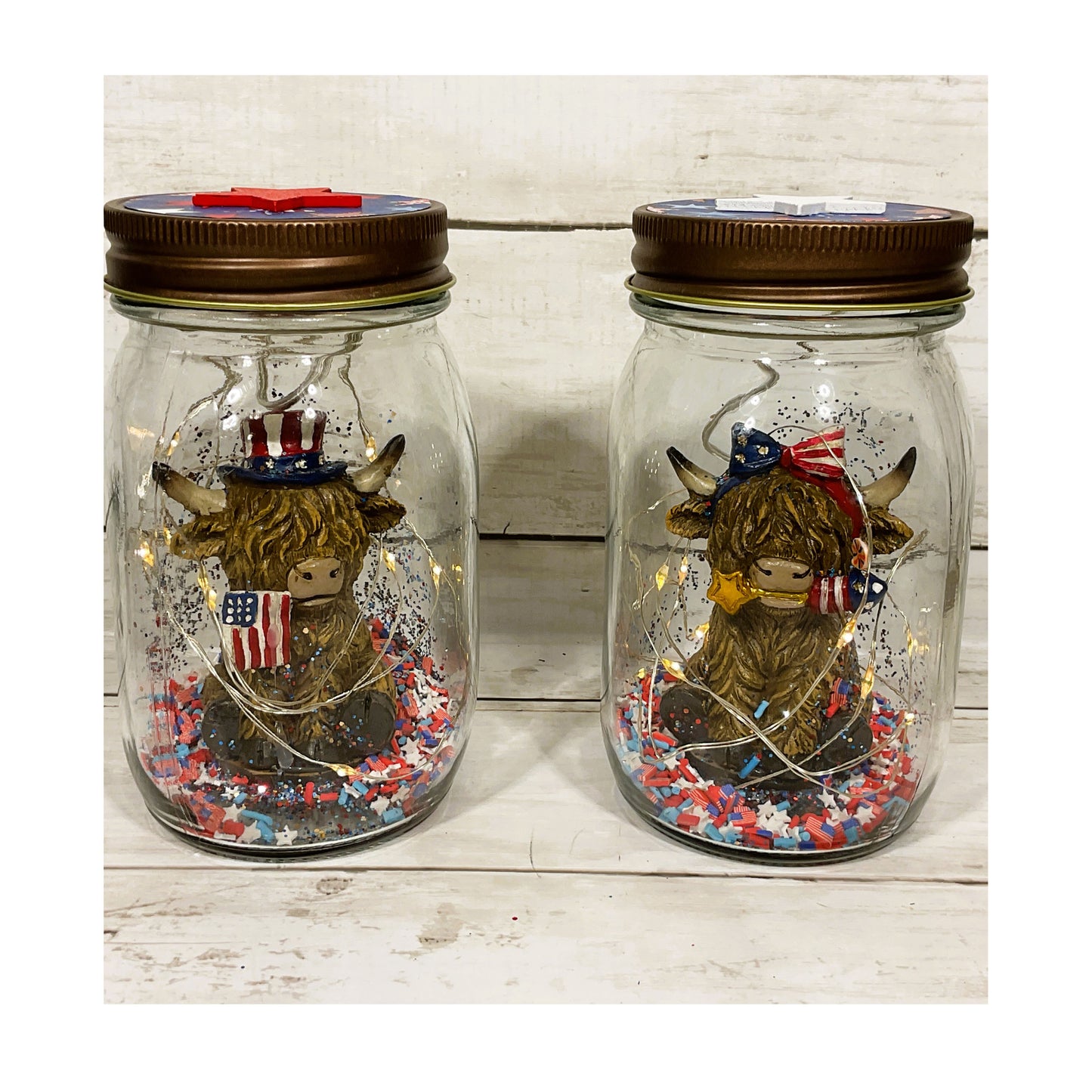 AGD Patriotic Decor - July 4th Highland Cow Lighted Mason Jars 2pc