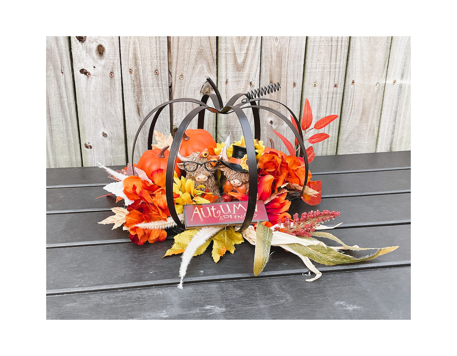 AGD Fall Decor -Highland Cow Metal Pumpkin Floral Centerpiece Display