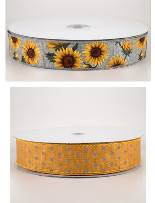 CO Fall Craft Supply - Gray Mustard Sunflower Polka-dot 1.5-inch 10yds each