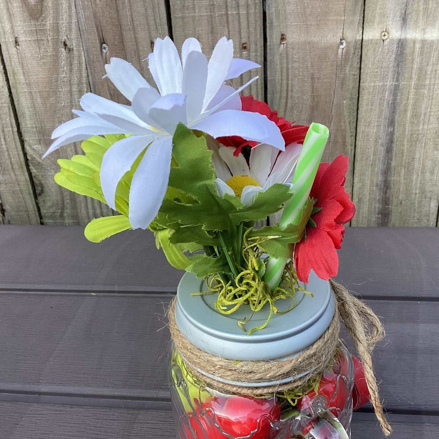 AGD Summer Decor - Faux Cherry Theme Mason Jar Glass Daisy Decor
