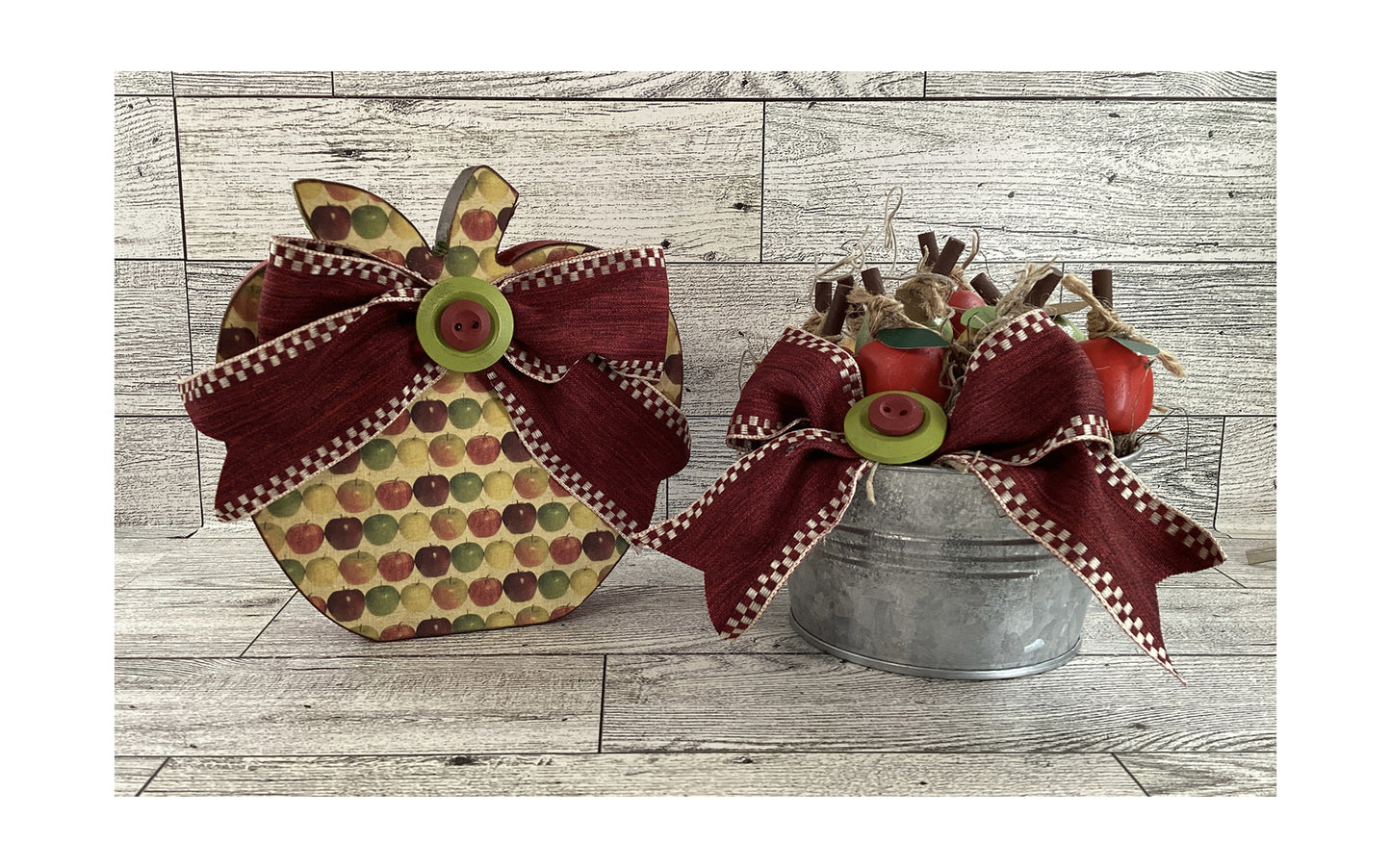 AGD Fall Decor - Chunky Wood Apple Sitter and Metal Tub 2pc Set