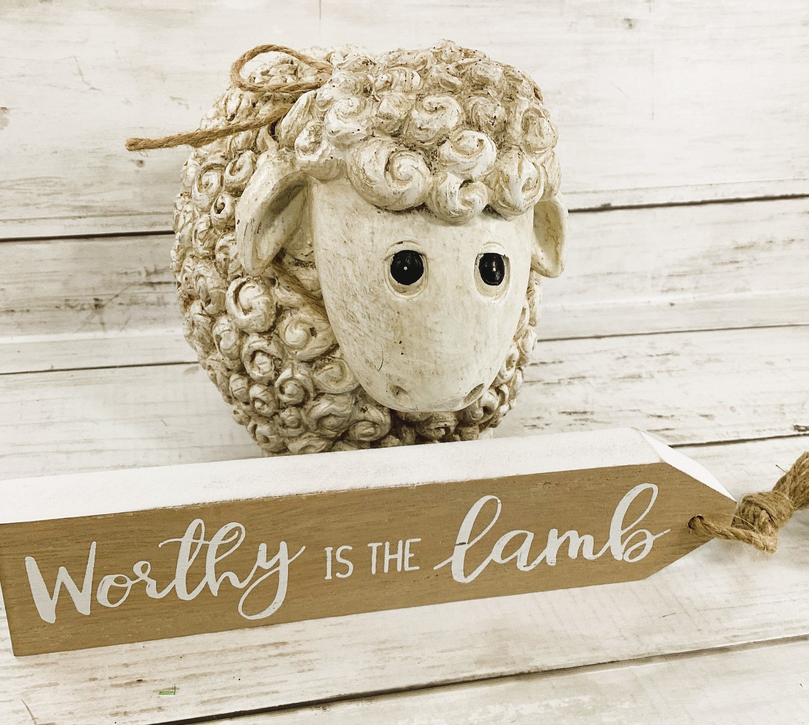 Easter Decor - Resin Curly Sheep Worth is the Lamb Sign 2pc Set