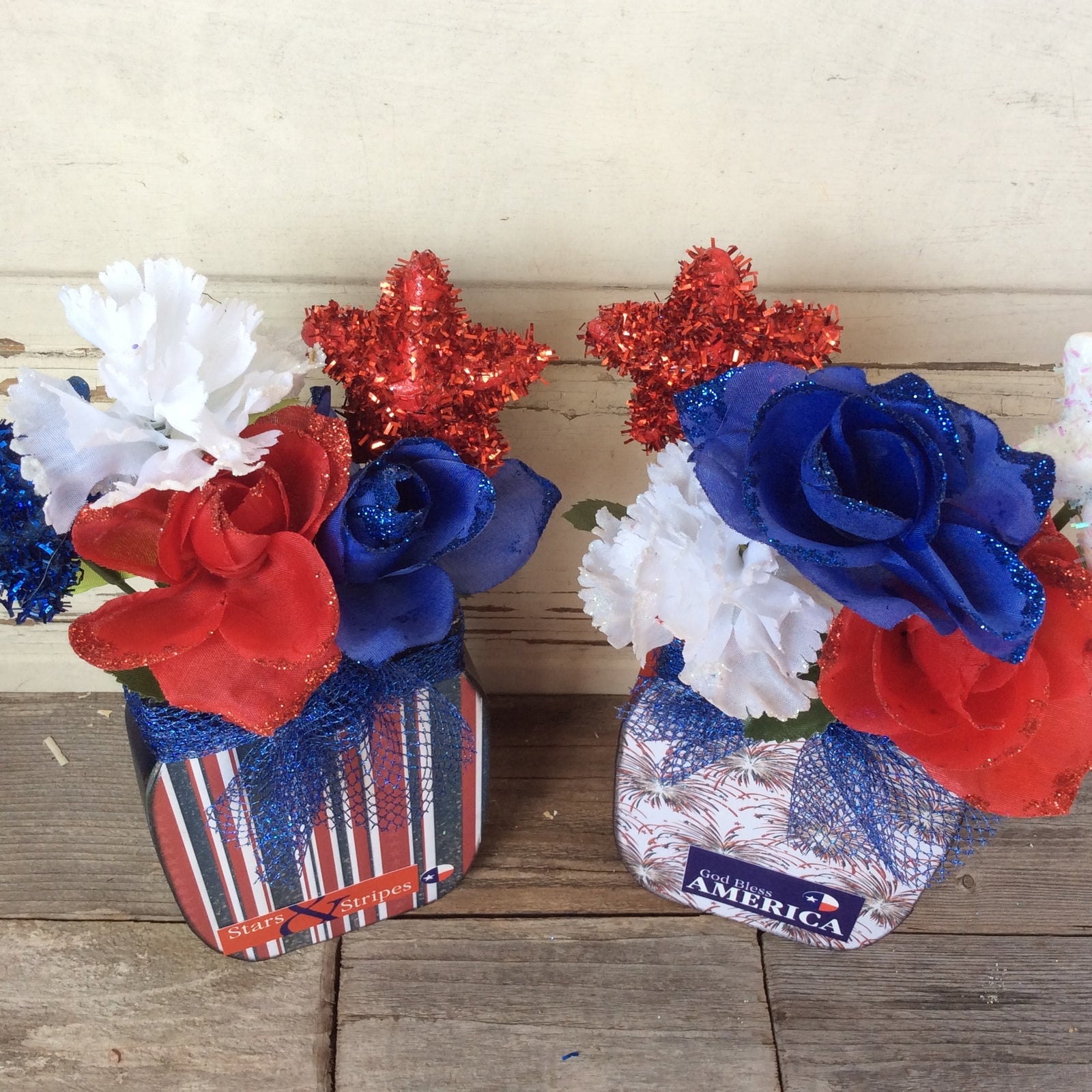 AGD Patriotic Decor - God Bless Stars Stripes Floral Wood Mason Jar 2pc Set