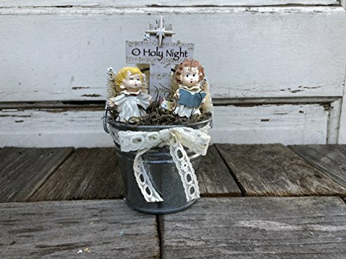 AGD Christmas Decor – Prim Miniature Holy Night Angels Tin Pail