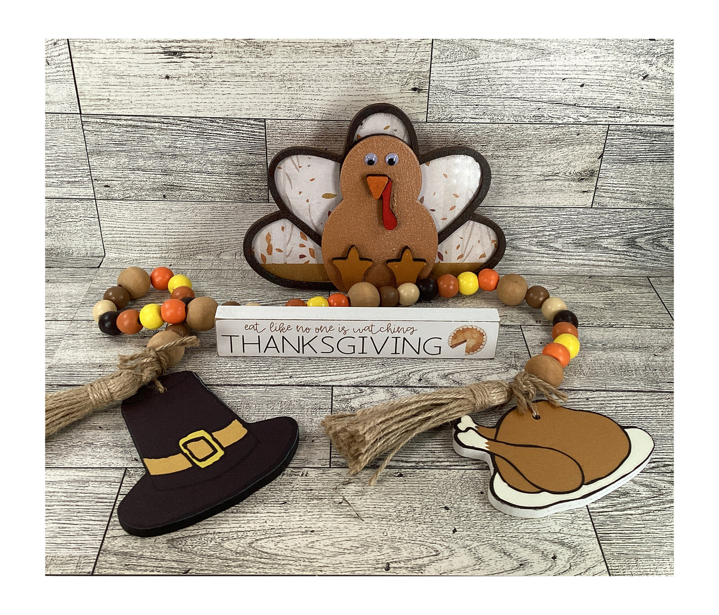 AGD Fall Decor - Wood Turkey Gobble Fat Pants Gravy Pilgrim Garland Tier Tray