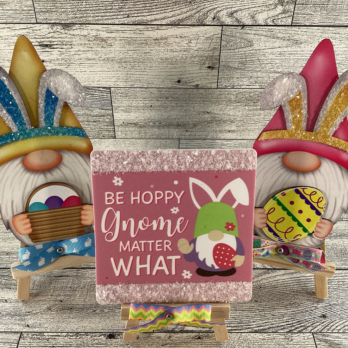 AGD Easter Decor - Wood Gnome Glitter Bunny Rabbit Tier Tray 3pc Set