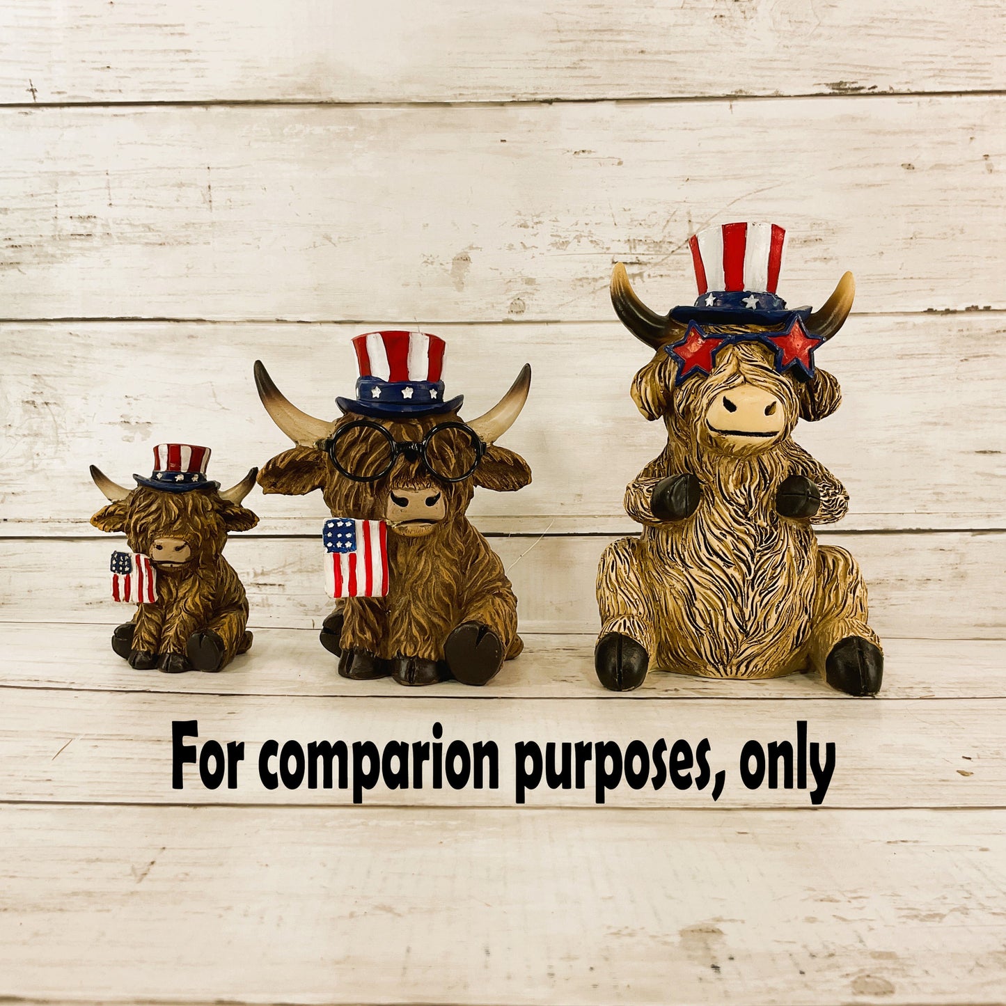 HL Patriotic Decor - July 4th Resin Highland Cow Couple SM & LG Figurines 4pc