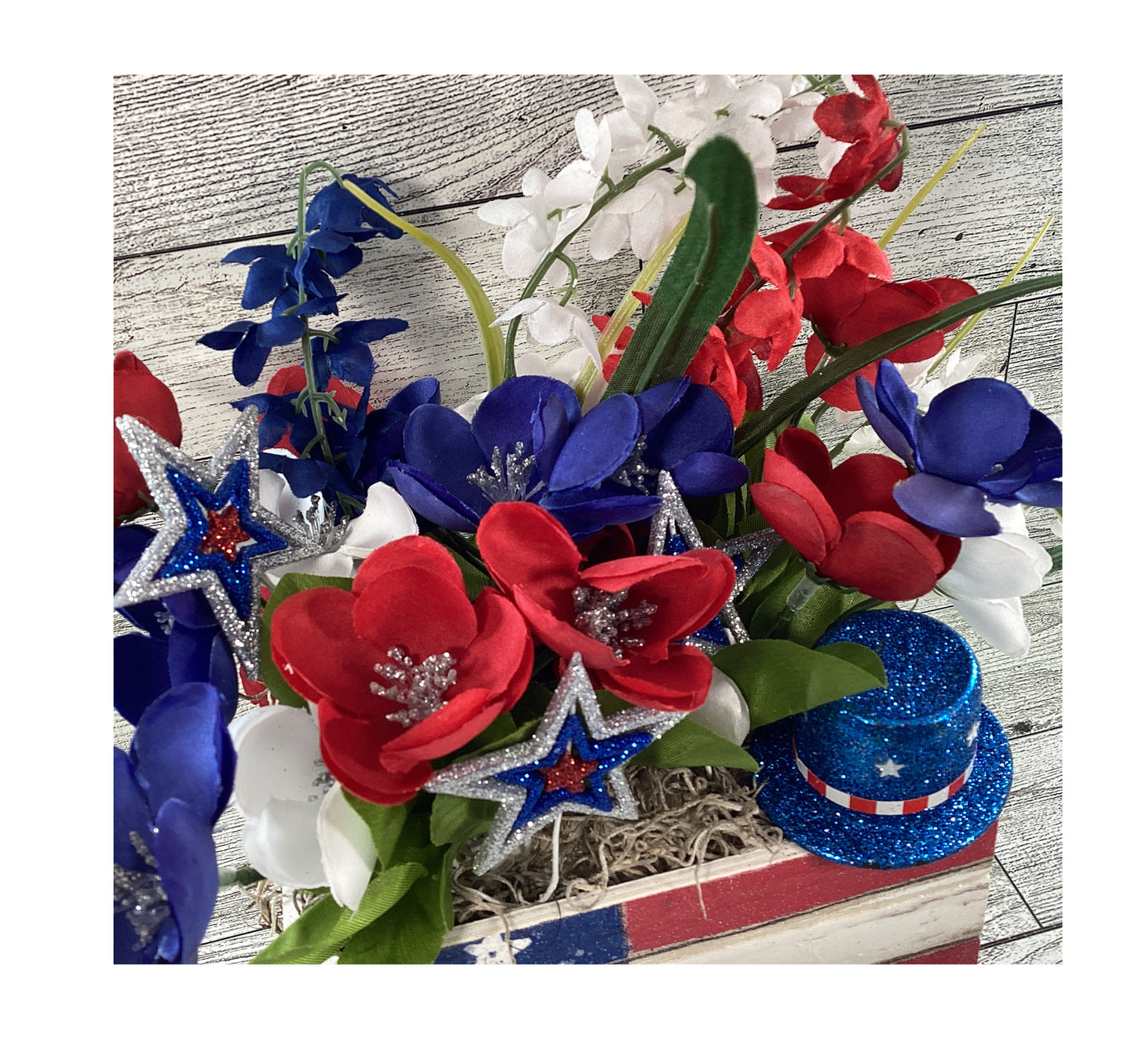 AGD Patriotic Decor - American Flag Floral Wood Crate Floral Display