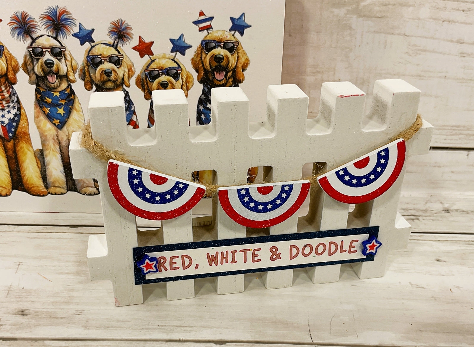 AGD Patriotic Decor - Red White Doodle Dog Pet Sign & Fence 2pc