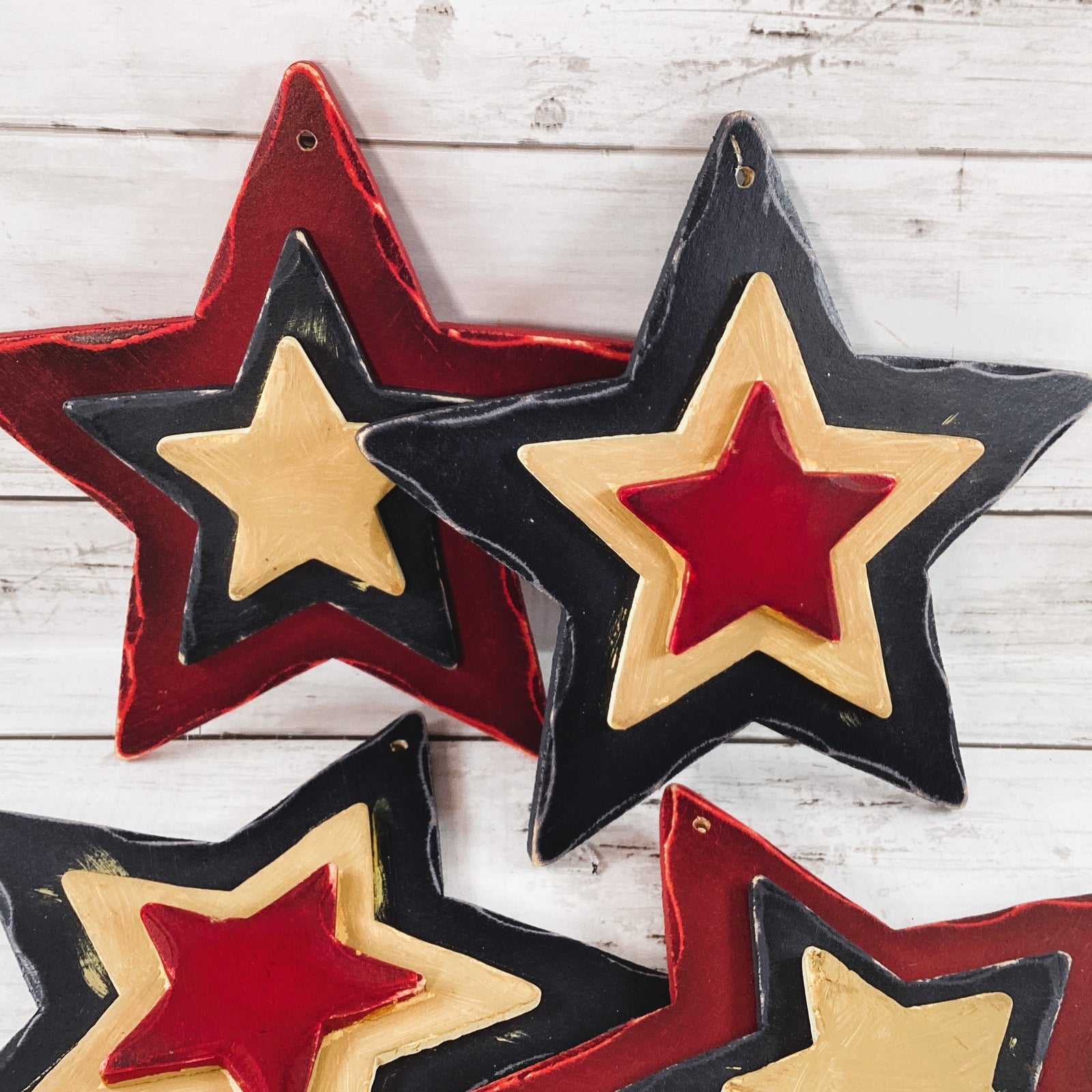 Patriotic Decor - 3-D Red Blue Mustard July 4th Prim Stars Ornament 4pc Set