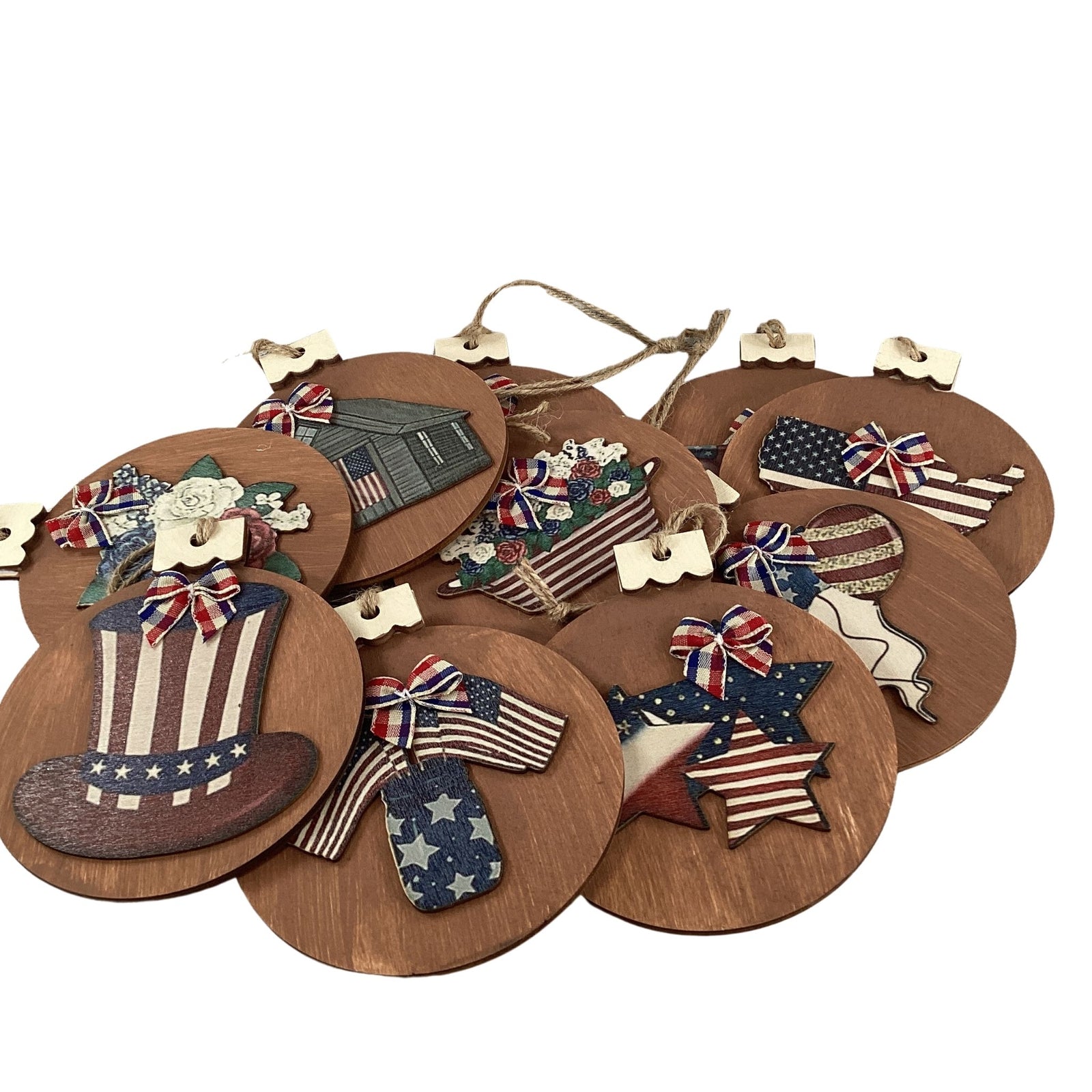 AGD Patriotic Decor - July 4th Icon Theme Layered Wood Ornaments 9pc