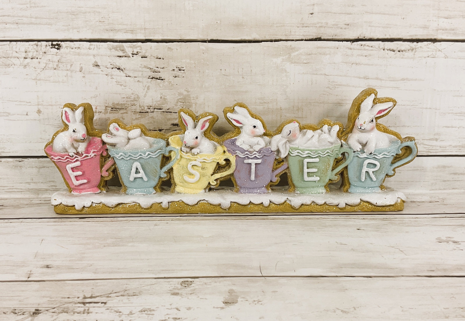 Gerson Easter Decor - Easter Bunny Coffee Cup Gingerbread Sign