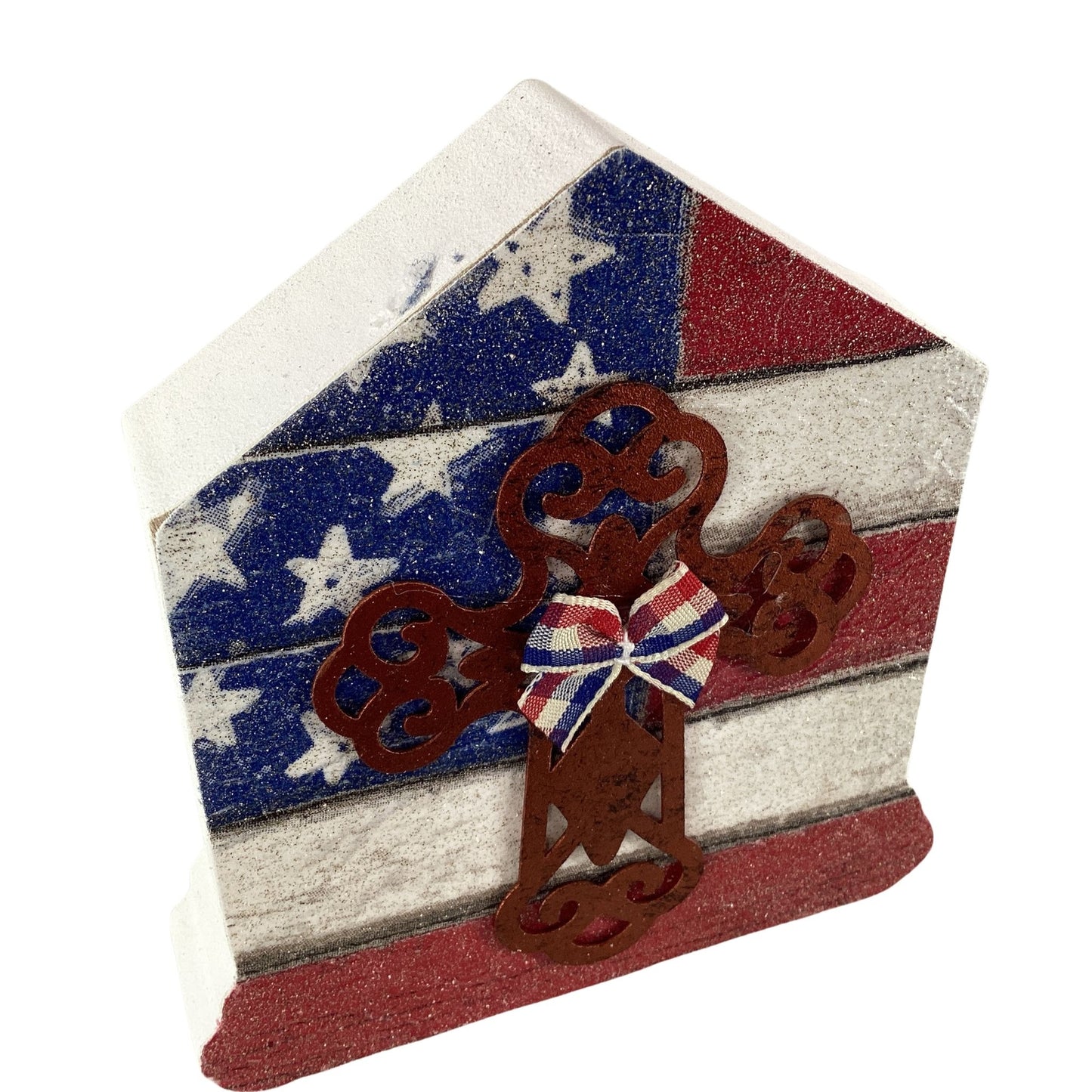 AGD Patriotic Decor - July 4th Cross Chunky Wood House Sitter