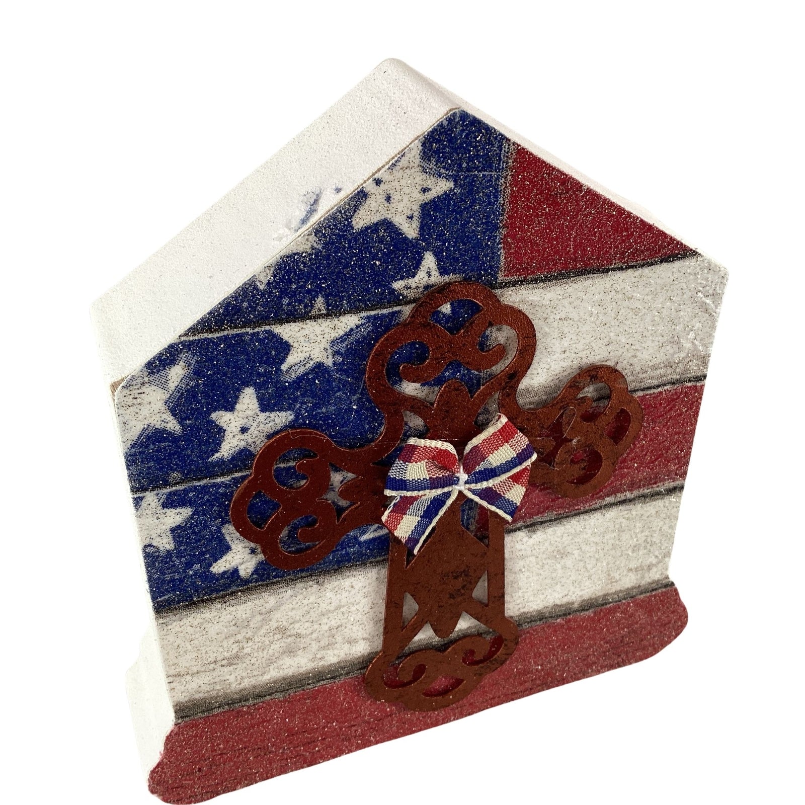 AGD Patriotic Decor - July 4th Cross Chunky Wood House Sitter