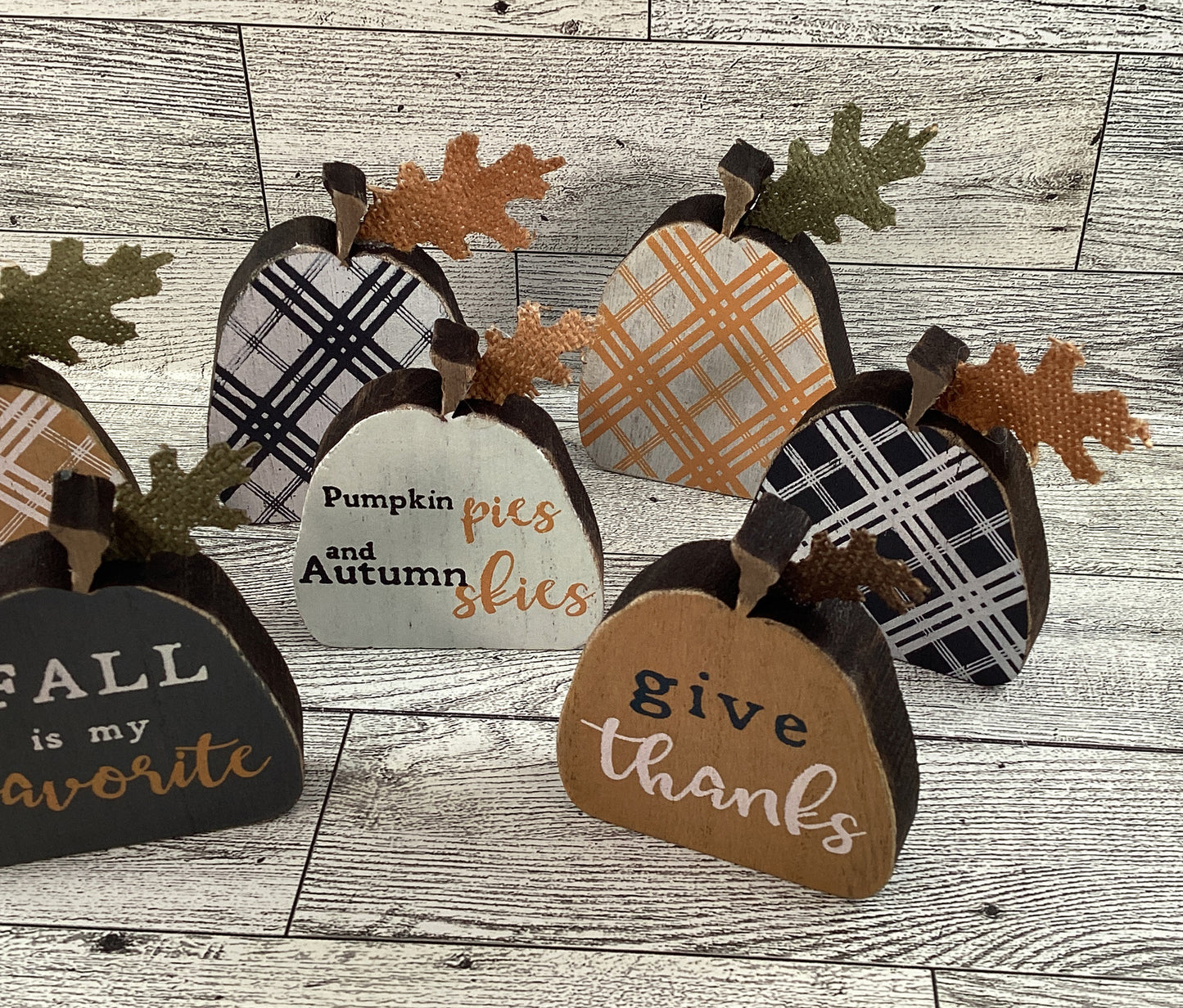 Fall Decor - Small Wood Watercolor Plaid Pumpkins Tier Tray 9pc Set