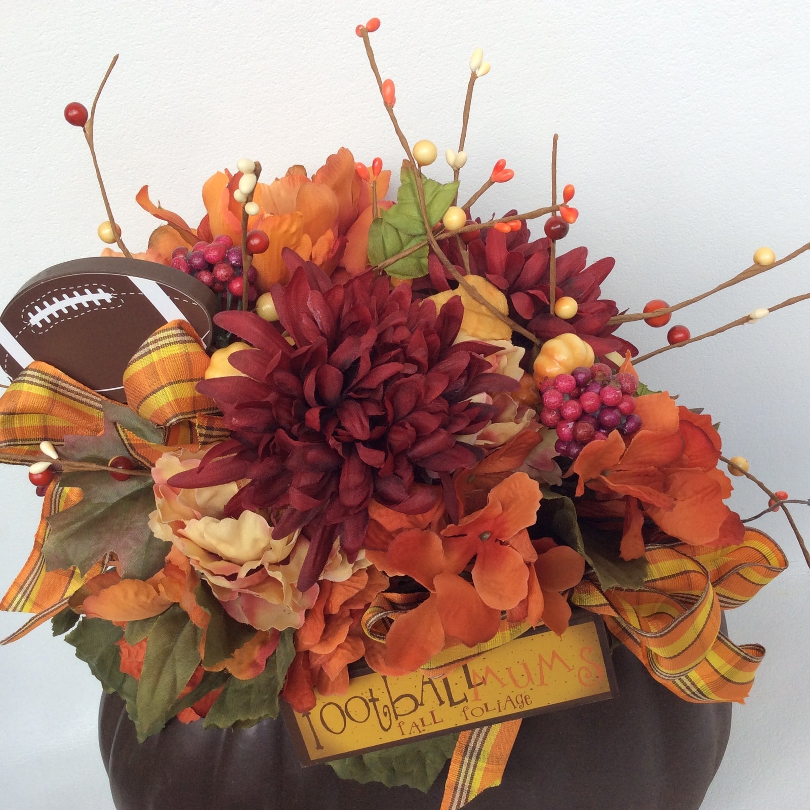 AGD Fall Decor - Football Mums Pumpkin Filled Artificial Floral Display